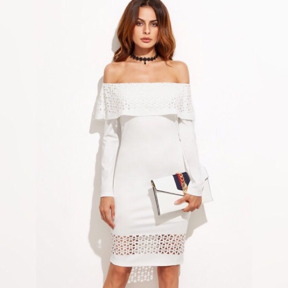 White Laser Cutout Off The Shoulder Ruffle Dress